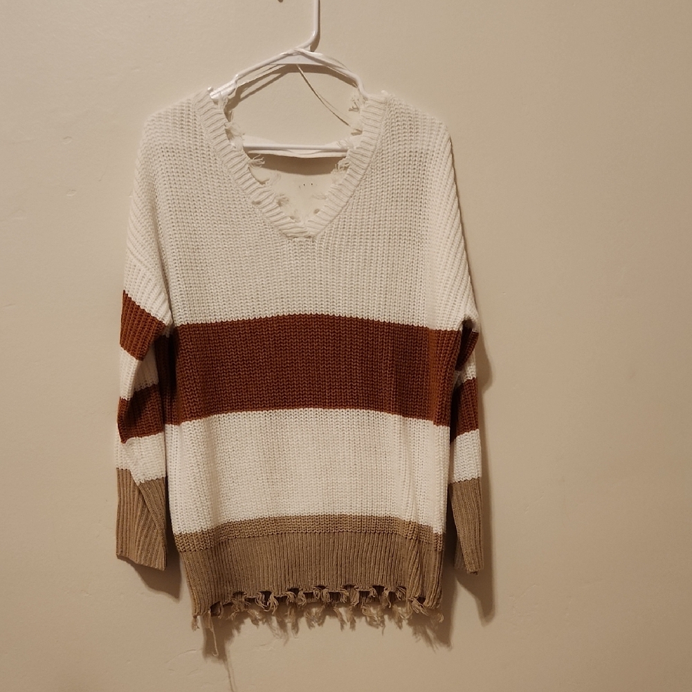 moon & madison V-Neck Sweater - Cream, Brown, Tan